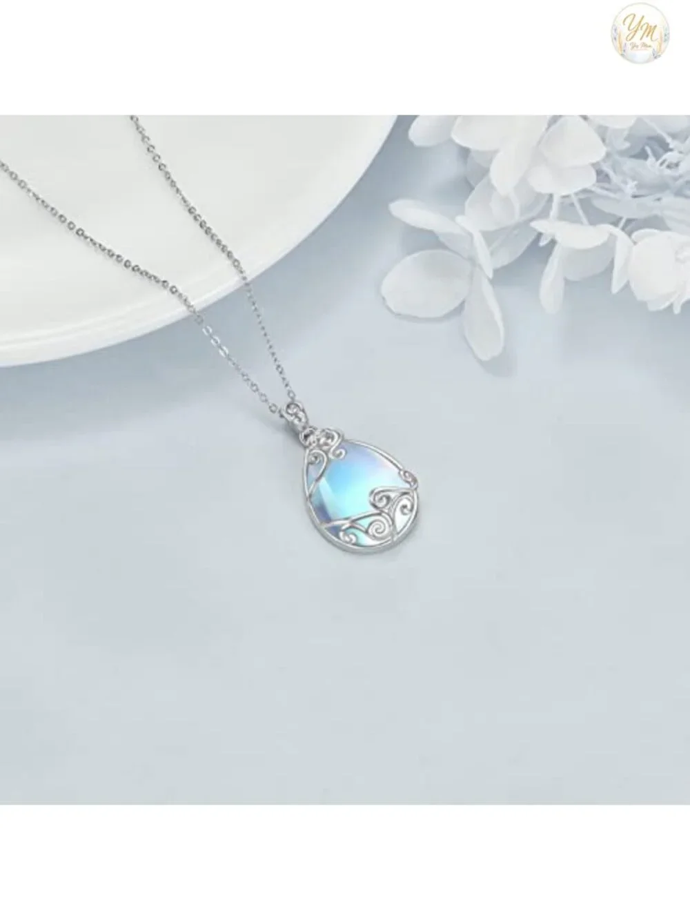 925 Sterling Silver Moonstone Necklace, Filigree Teardrop Pendant, Women's